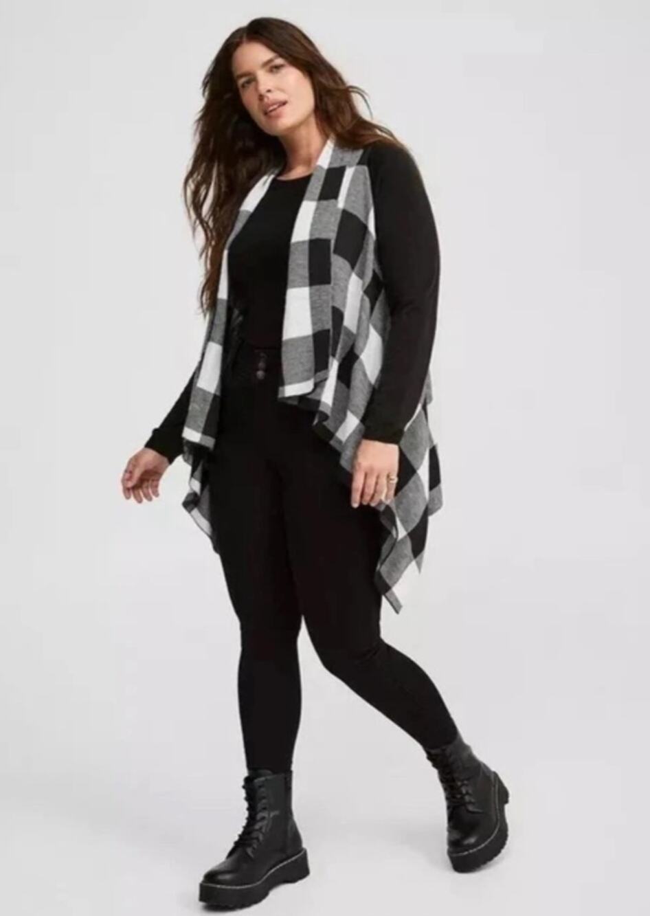Torrid Drape Front Cardigan Black White Buffalo Check Waterfall Size 1X